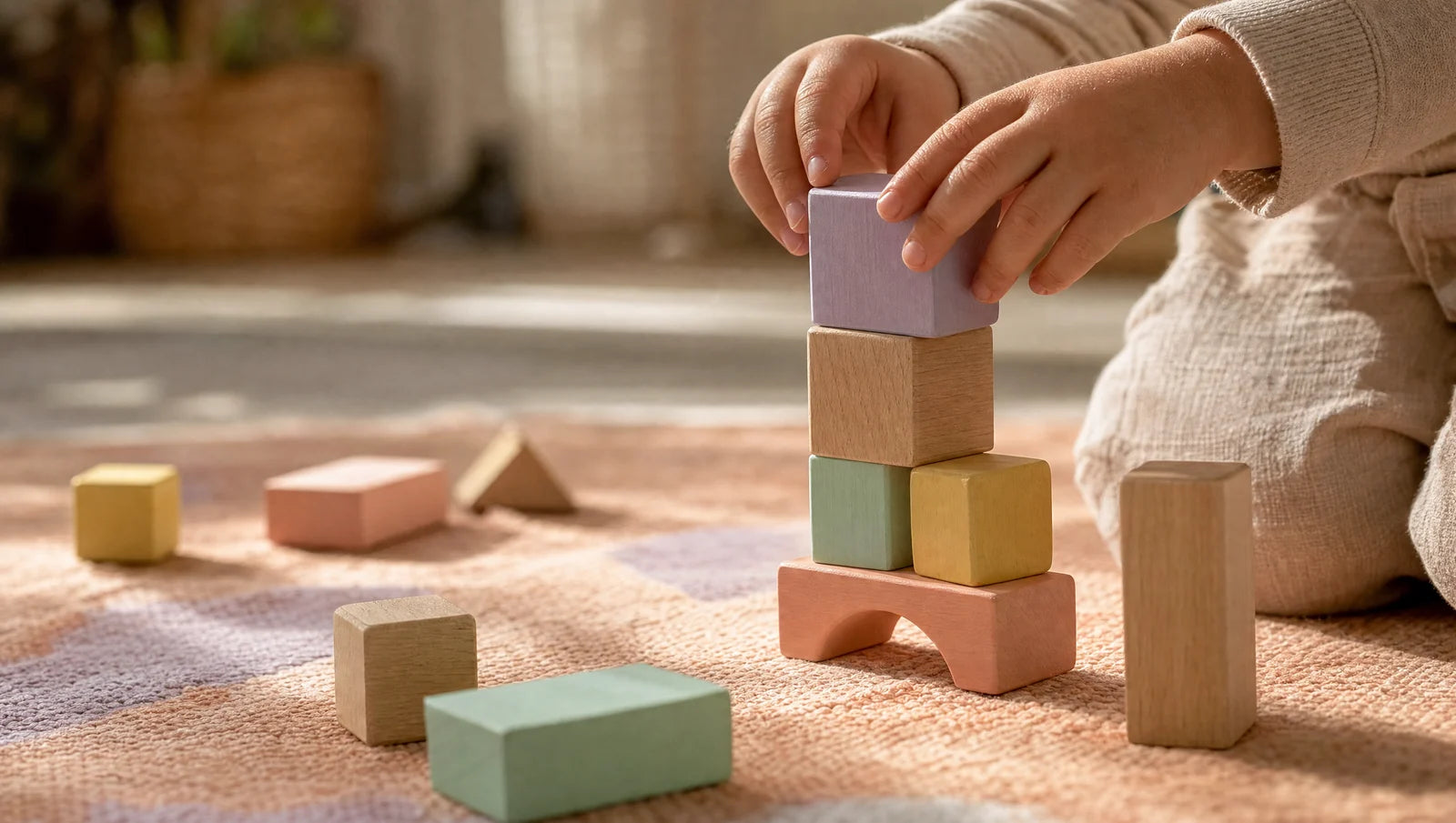 Children's hands building with big wooden blocks on a soft rug